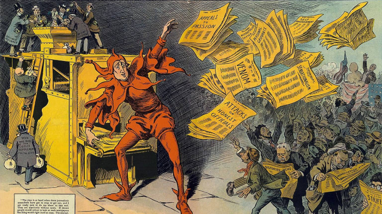 Old political cartoon depicting "yellow journalism"